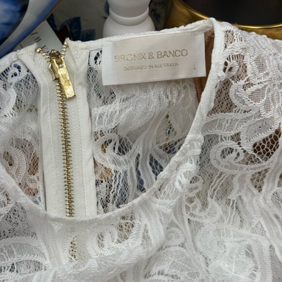 🆕 BRONX & BANCO 🧿 NWOT Casey White Lace Long Sleeve Mini Dress, Sz L / US 8 - Picture 13 of 16